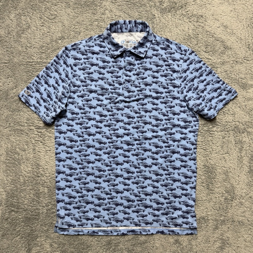 IBKUL Polo Shirt Mens S Blue Car Print Short Sleeve Performance Quick Dry Casual